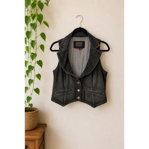 Vintage Guess USA Gray Stretch Denim Cropped Vest Western Festival Rodeo Sz L